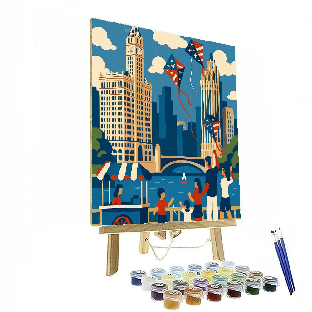 USA Skyline Kite Festival Over Chicago River paint by number