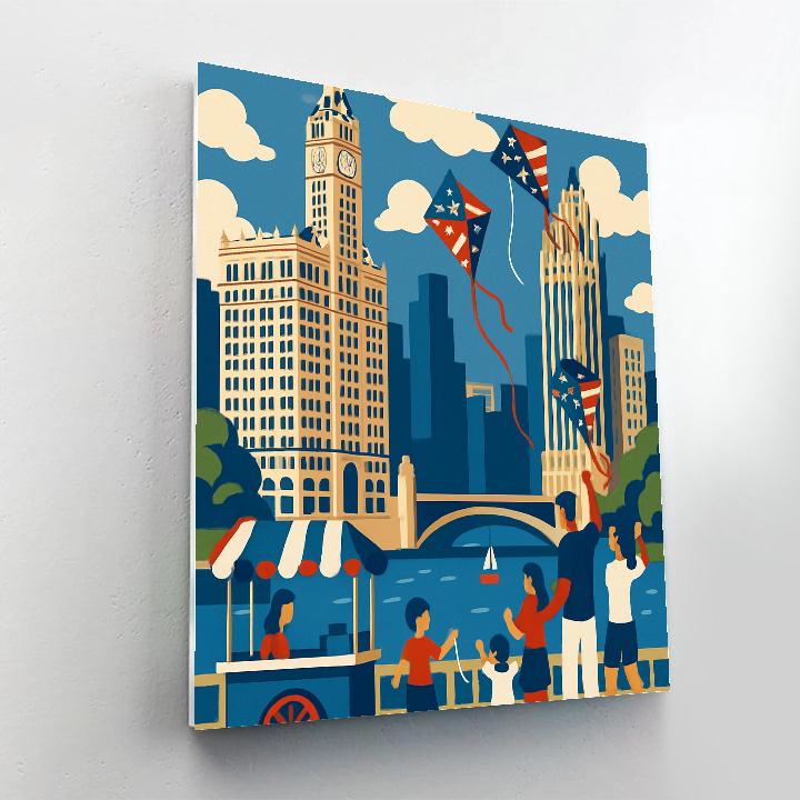 USA Skyline Kite Festival Over Chicago River paint by number