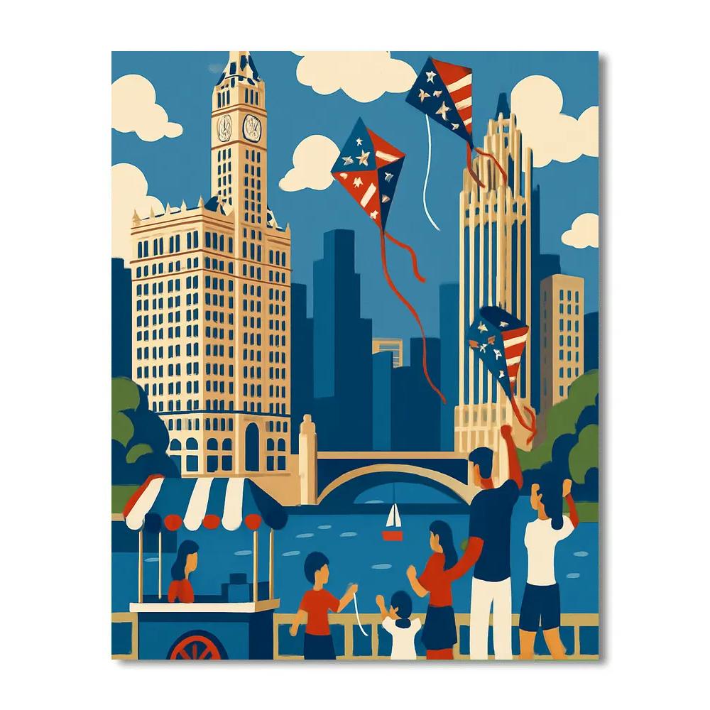 USA Skyline Kite Festival Over Chicago River paint by number