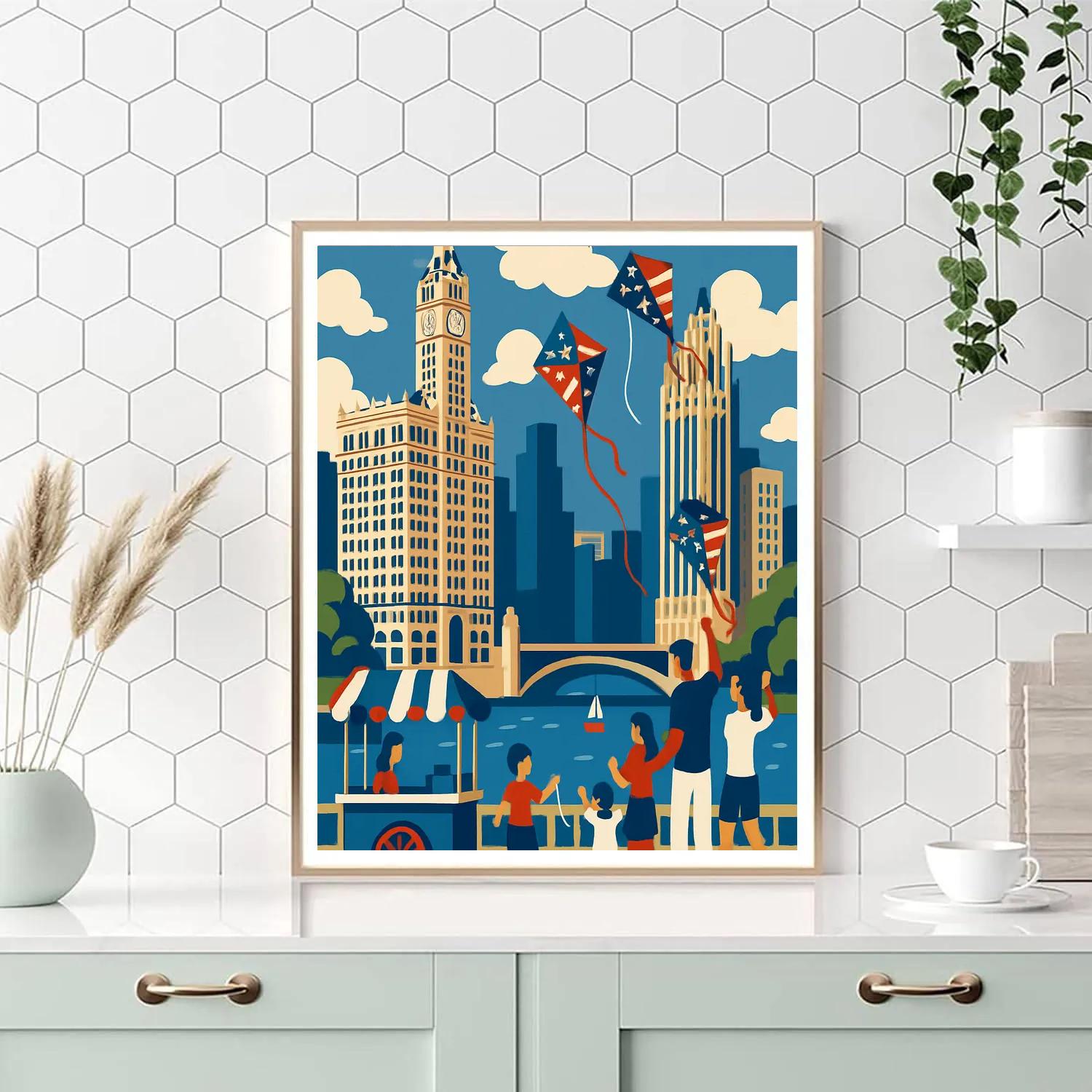 USA Skyline Kite Festival Over Chicago River paint by number