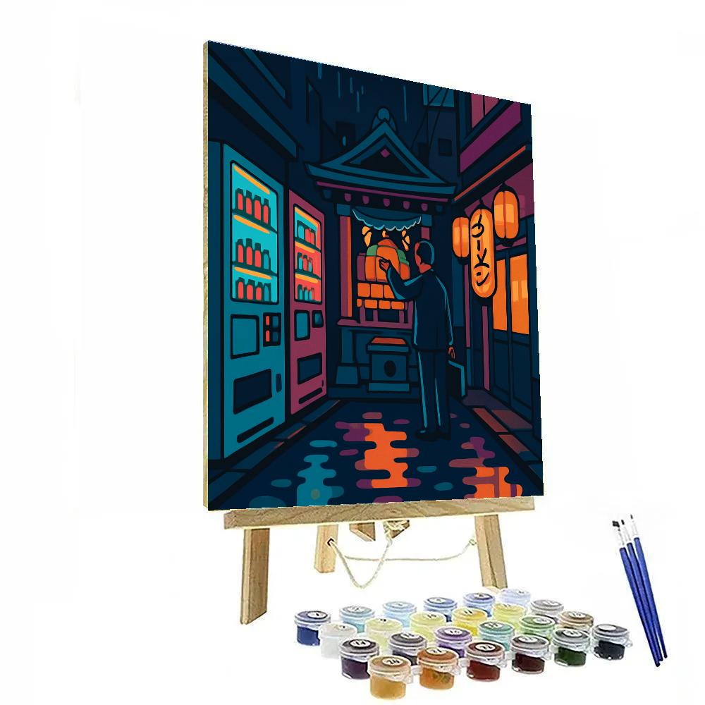 Neon Rain Japan Street Shrine Number painting