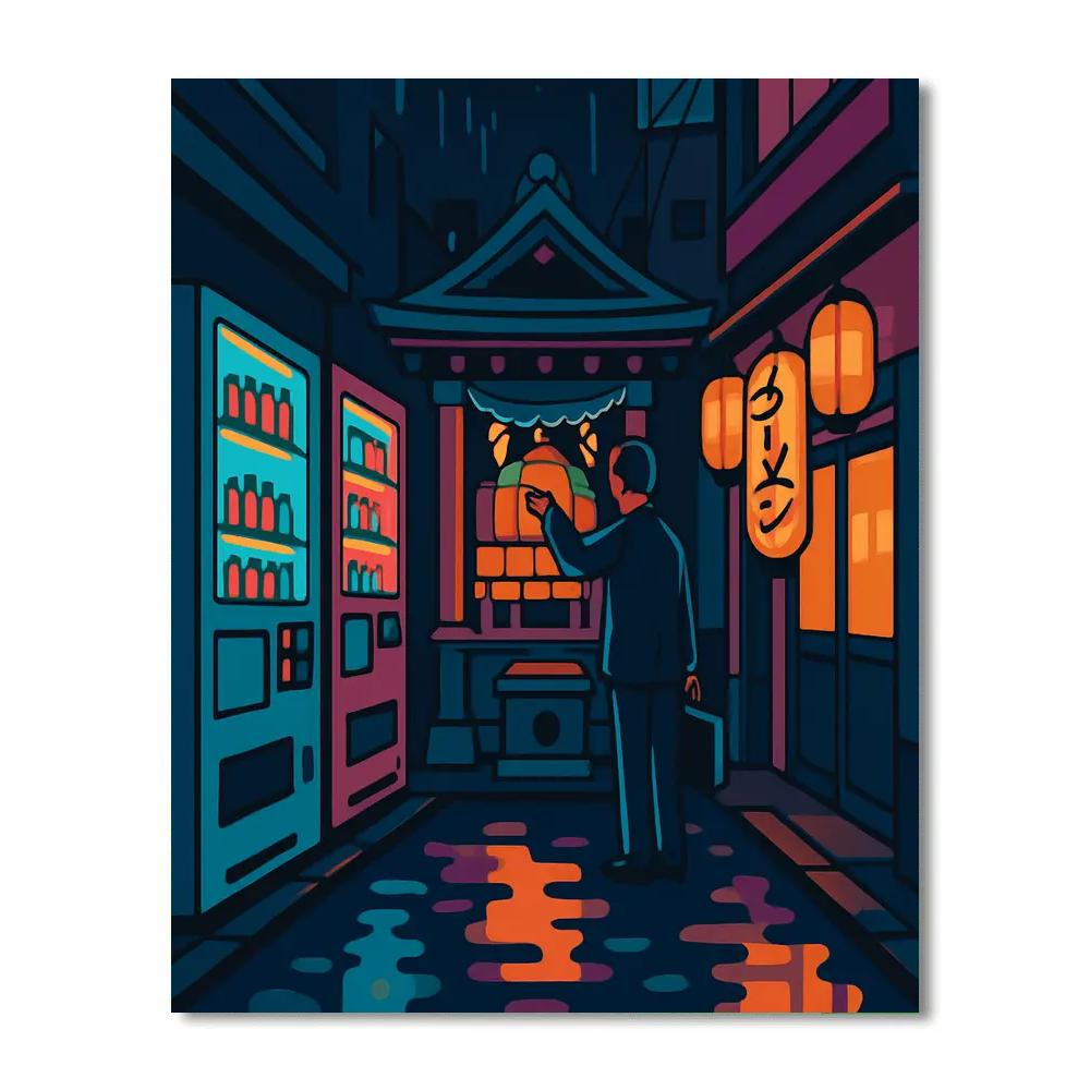 Neon Rain Japan Street Shrine Number painting