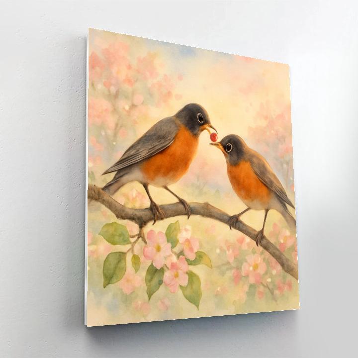 Apple Blossom Robins At First Light paint by number
