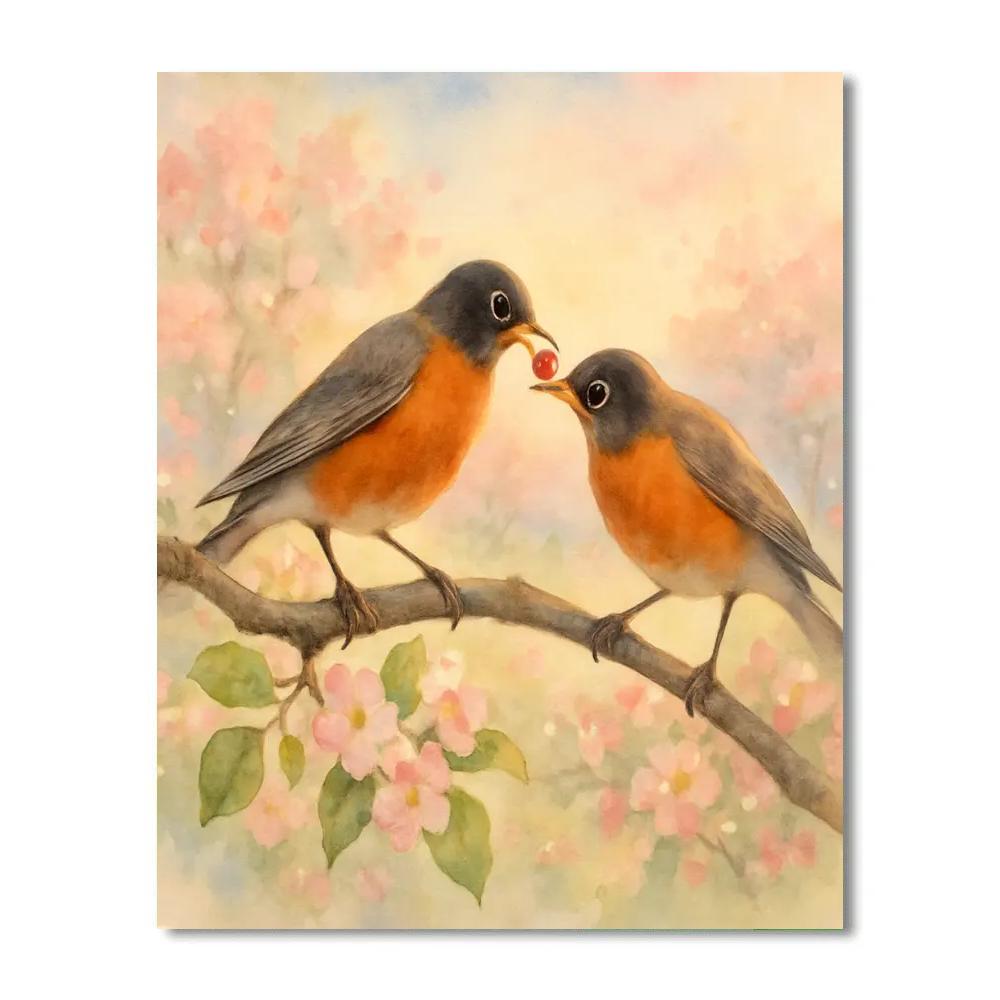 Apple Blossom Robins At First Light paint by number