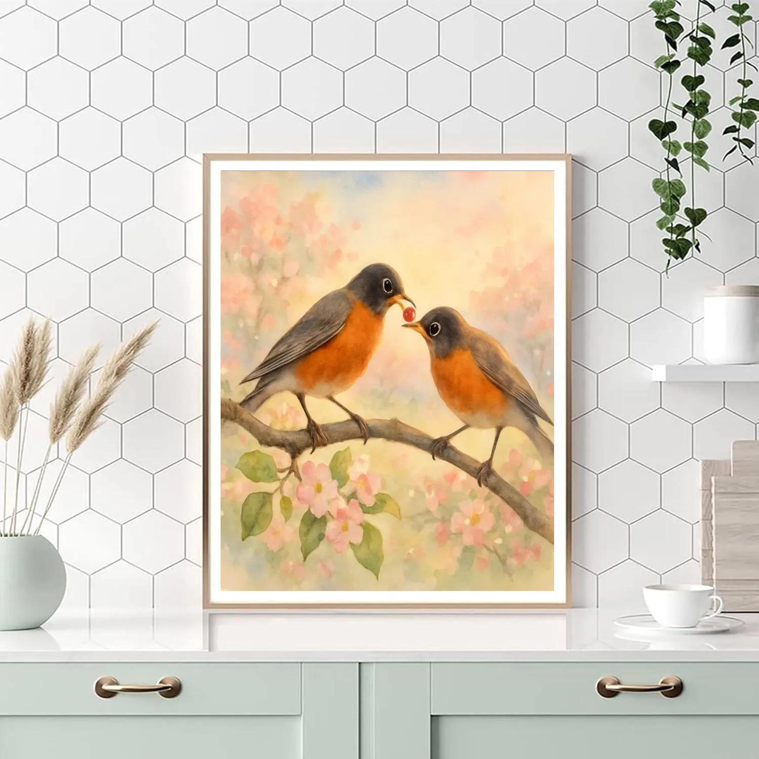 Apple Blossom Robins At First Light paint by number