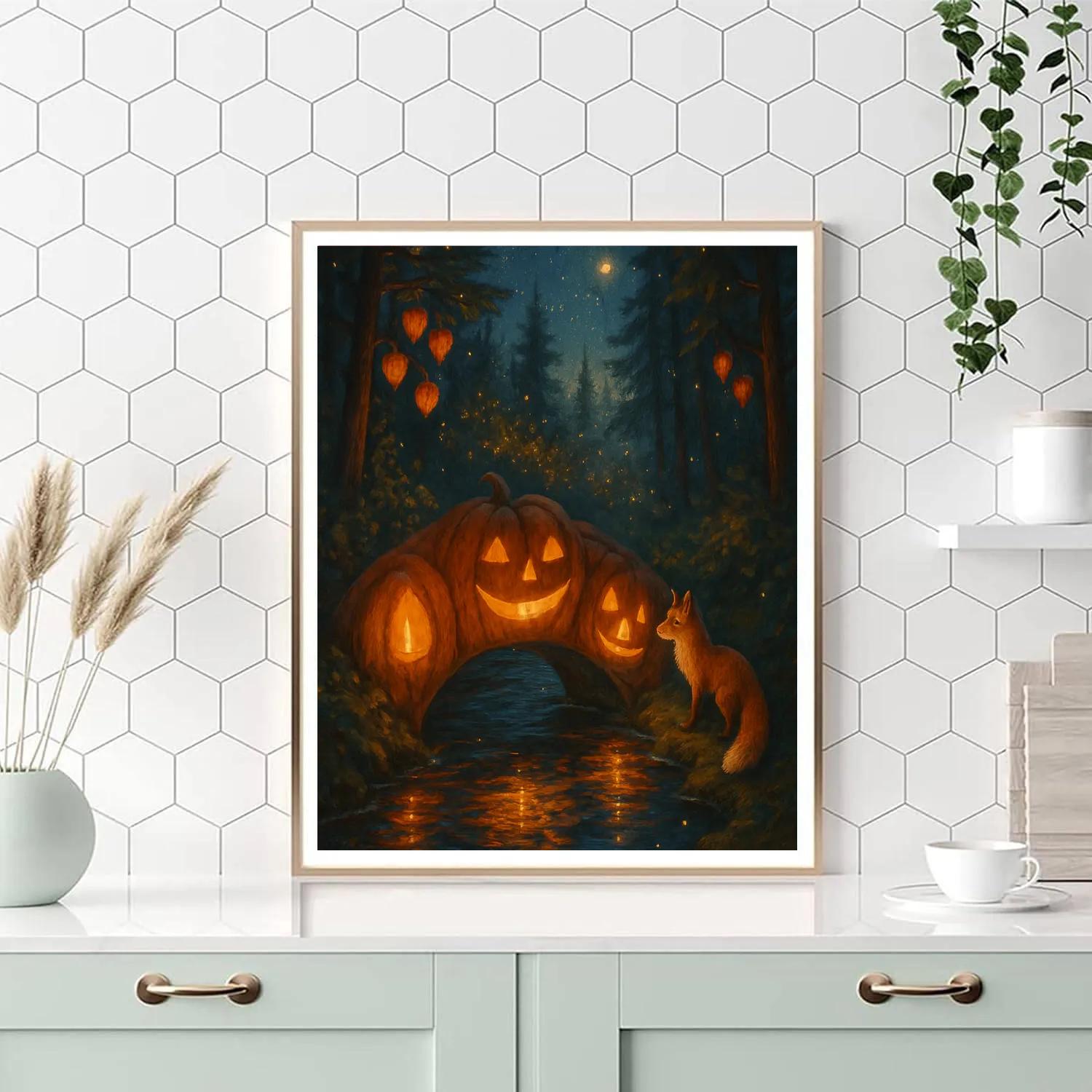 Starlit Pumpkin Bridge Over The Quiet Creek Number painting