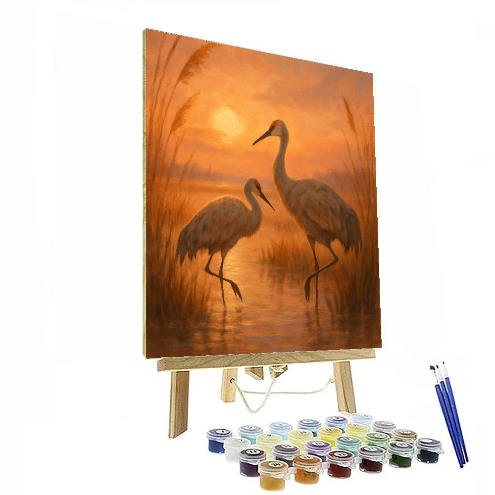 Golden Hour Cranes In The Marsh Grass Paint by numbers kits