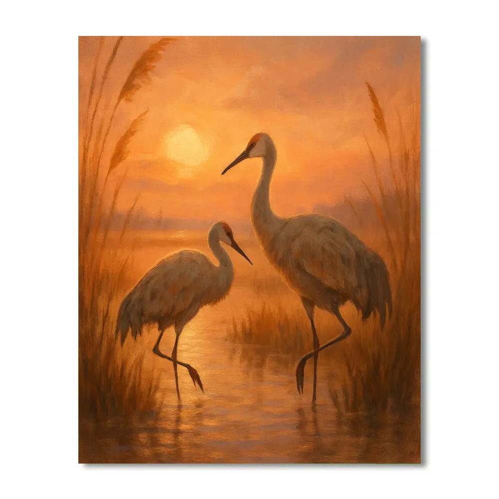 Golden Hour Cranes In The Marsh Grass Paint by numbers kits