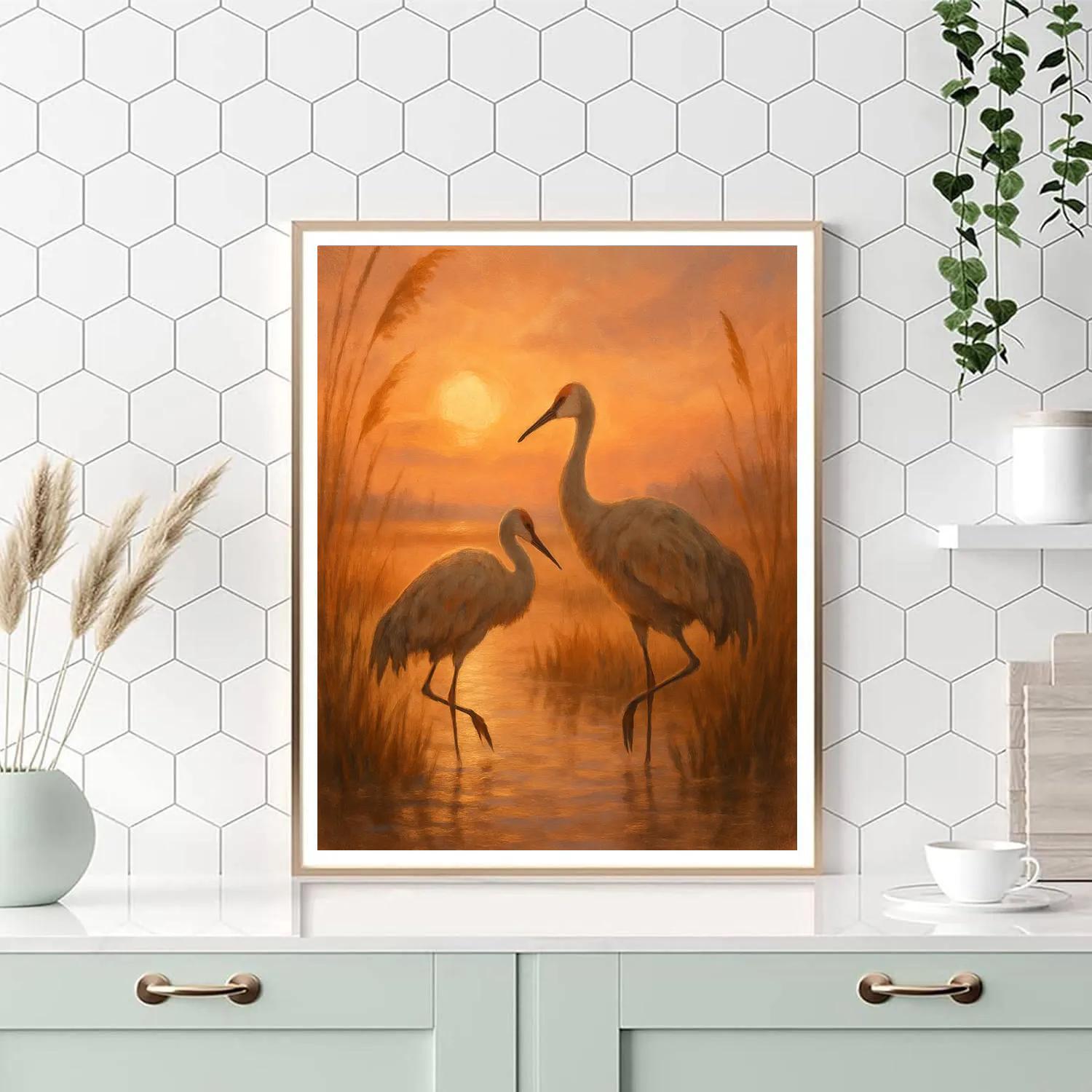 Golden Hour Cranes In The Marsh Grass Paint by numbers kits