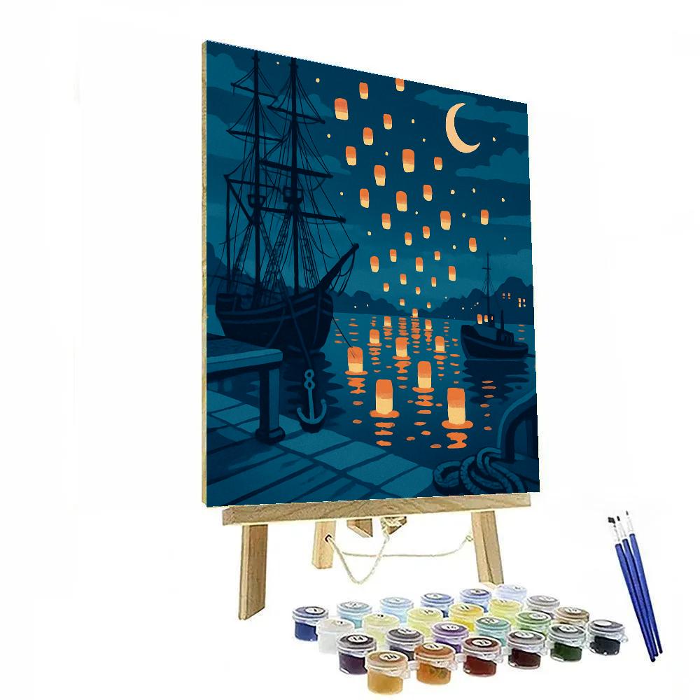 Harbor Lantern Festival With Ship Silhouettes Paint by numbers kits