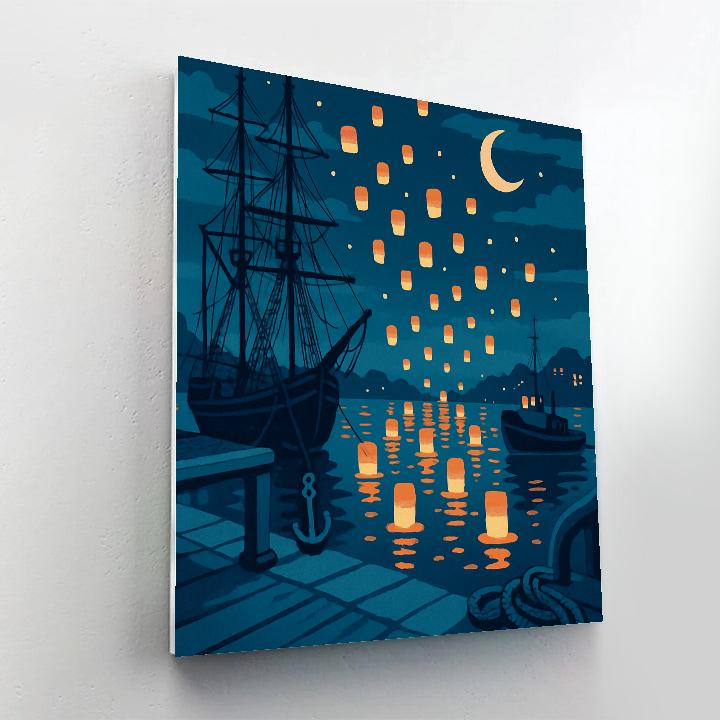 Harbor Lantern Festival With Ship Silhouettes Paint by numbers kits