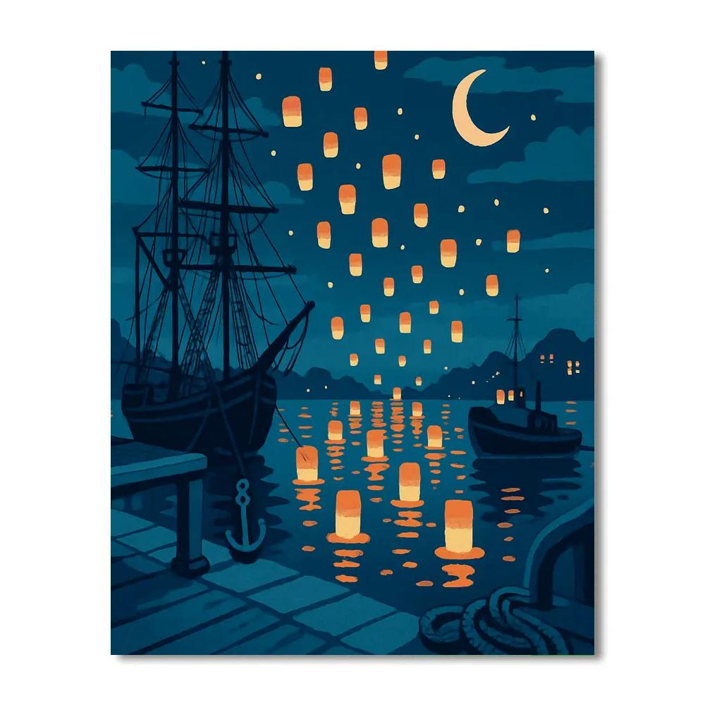 Harbor Lantern Festival With Ship Silhouettes Paint by numbers kits