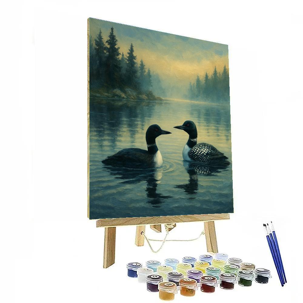 Loons On A Misty Pine Lake Numbered painting kits