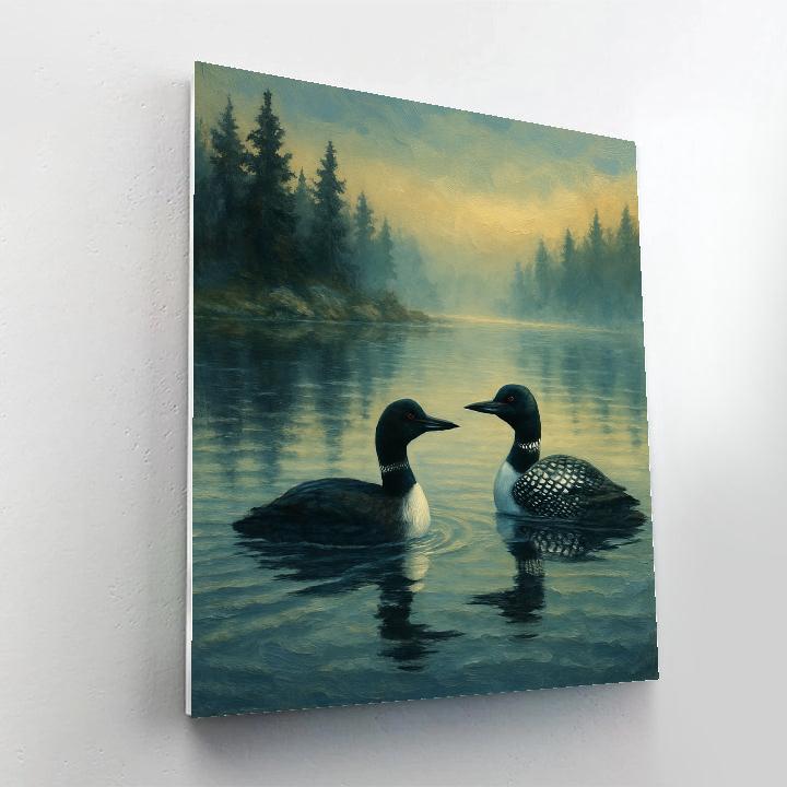 Loons On A Misty Pine Lake Numbered painting kits