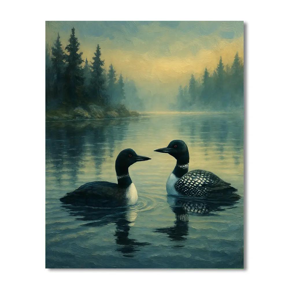Loons On A Misty Pine Lake Numbered painting kits