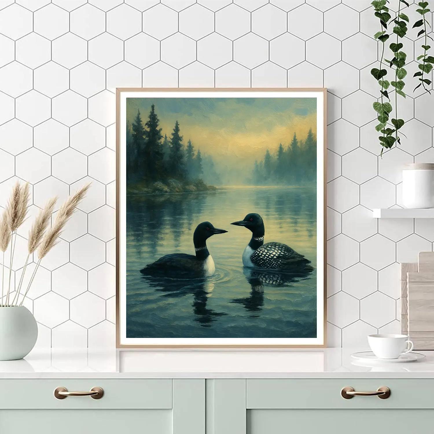 Loons On A Misty Pine Lake Numbered painting kits
