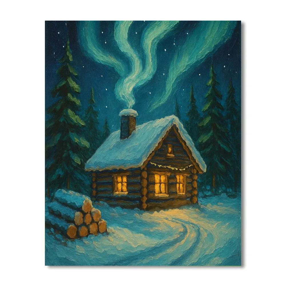 Cozy Cabin With Aurora Smoke Number painting