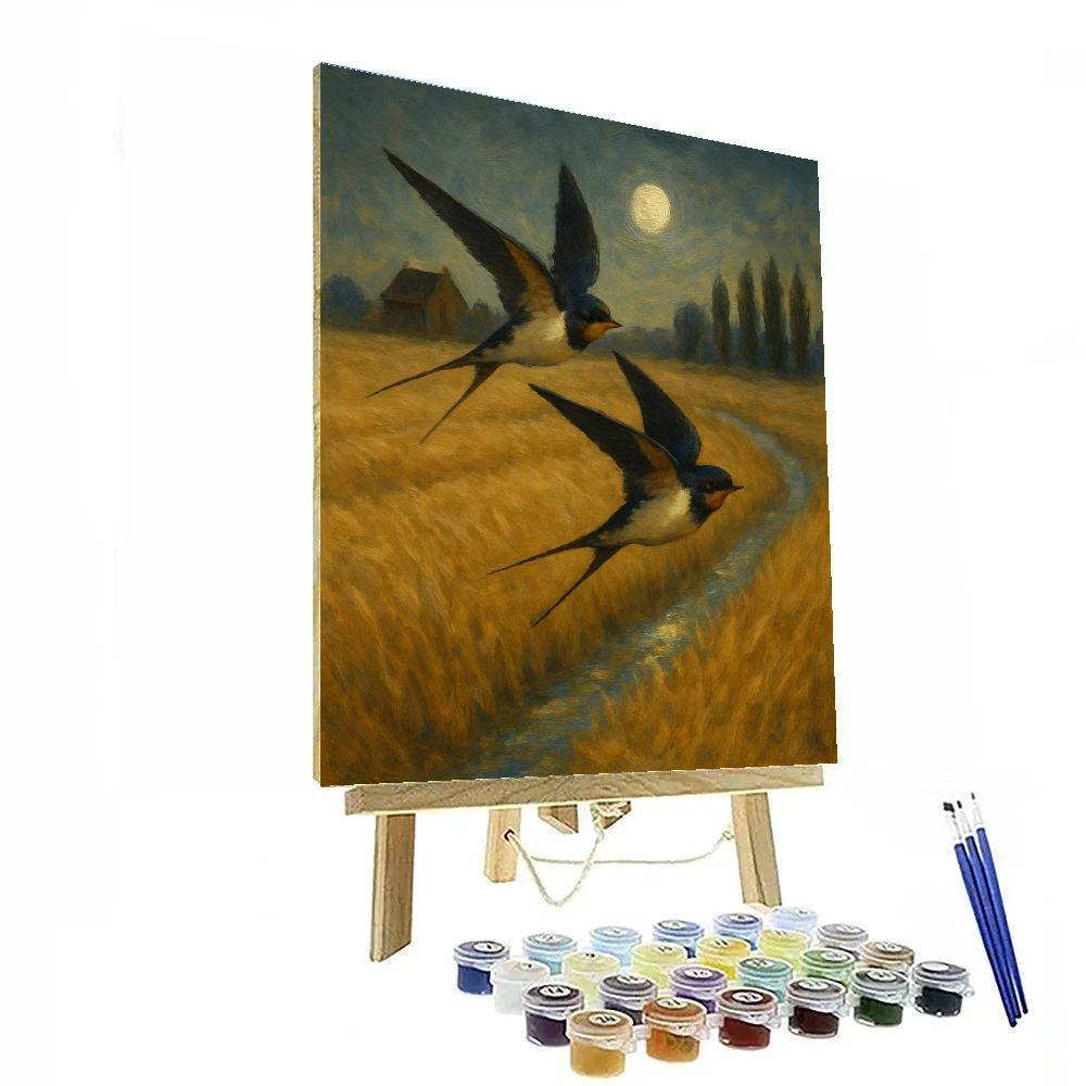Moonlit Barn Swallows Over The Hay Field painting number kit