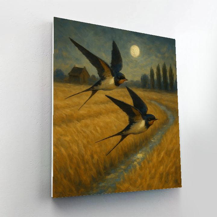 Moonlit Barn Swallows Over The Hay Field painting number kit