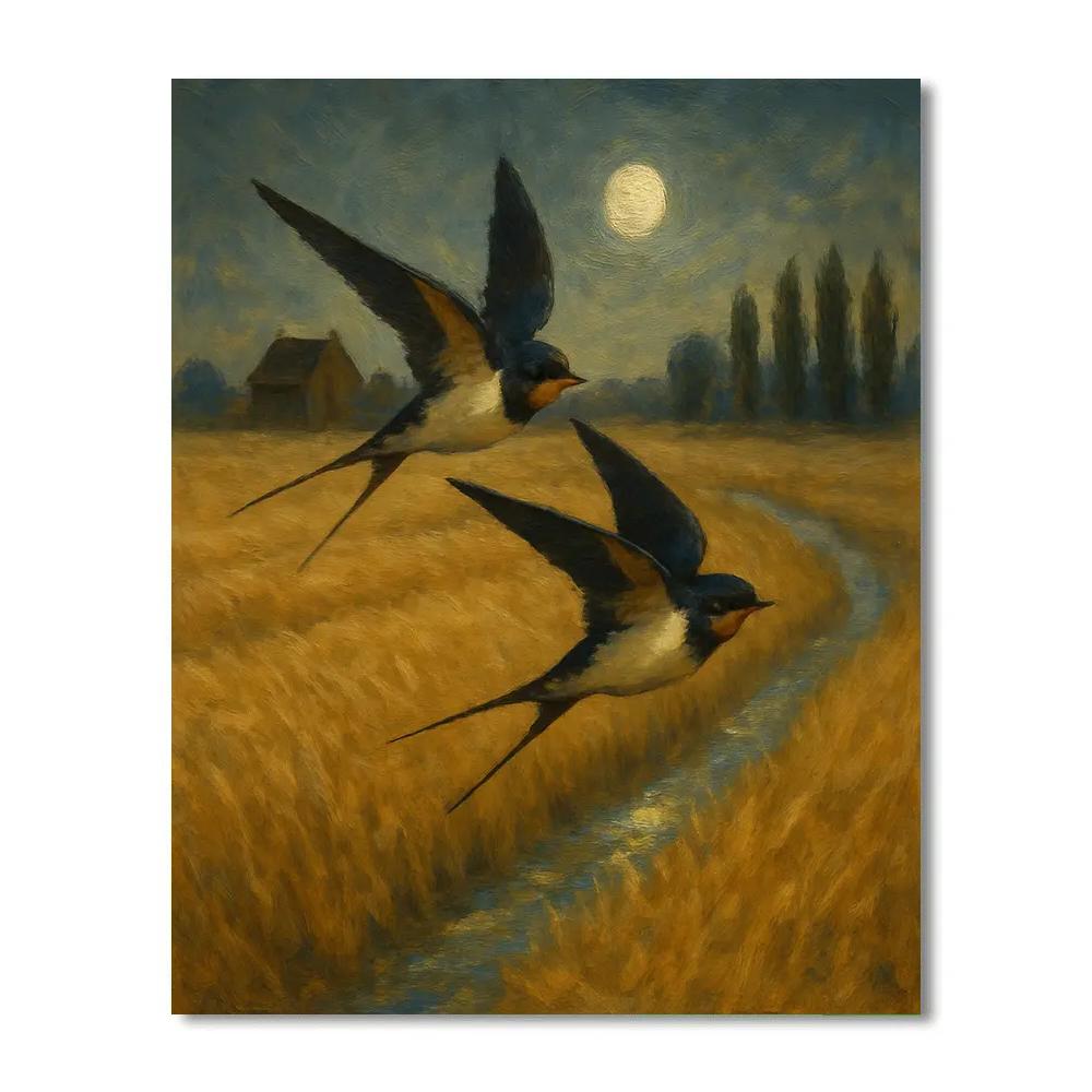 Moonlit Barn Swallows Over The Hay Field painting number kit