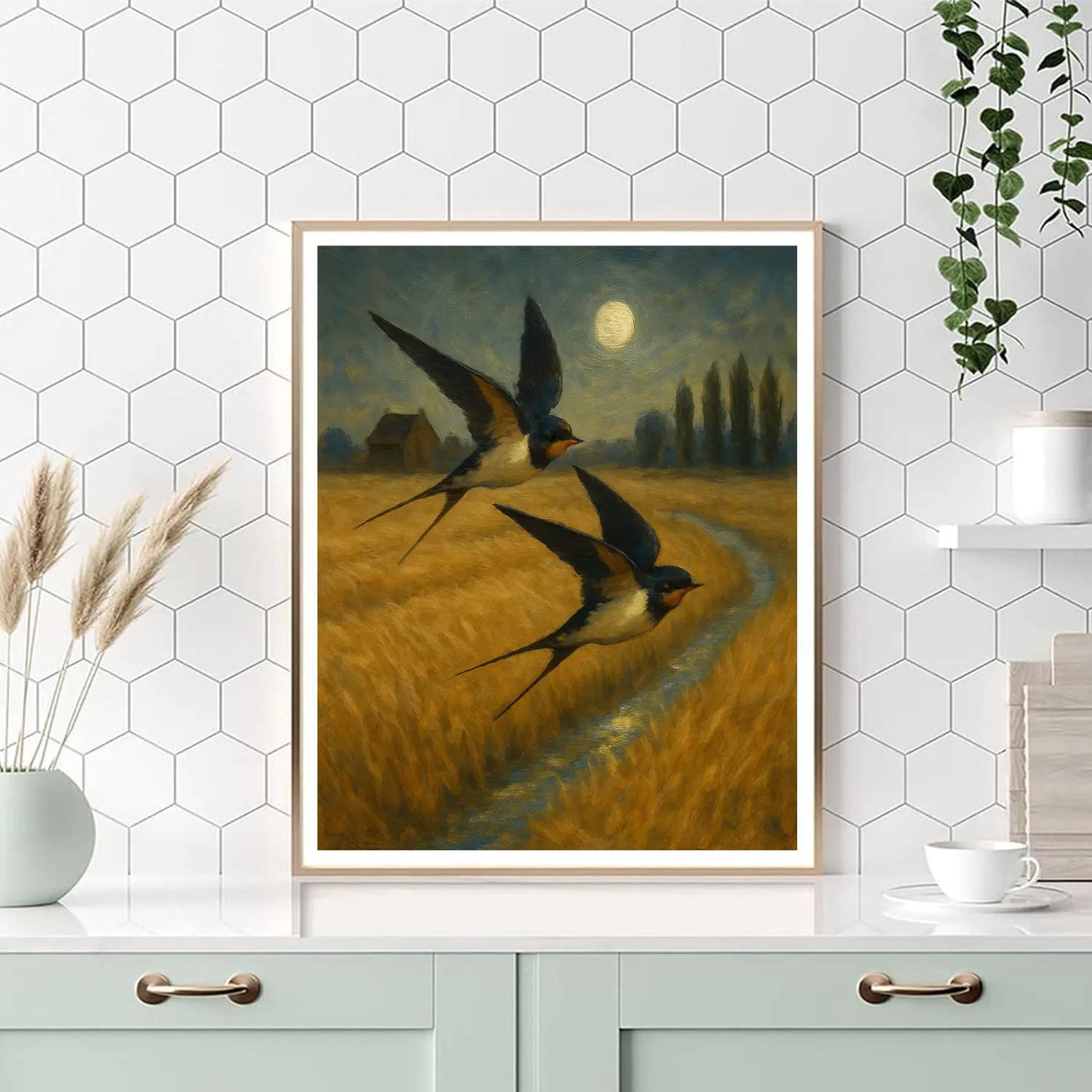 Moonlit Barn Swallows Over The Hay Field painting number kit