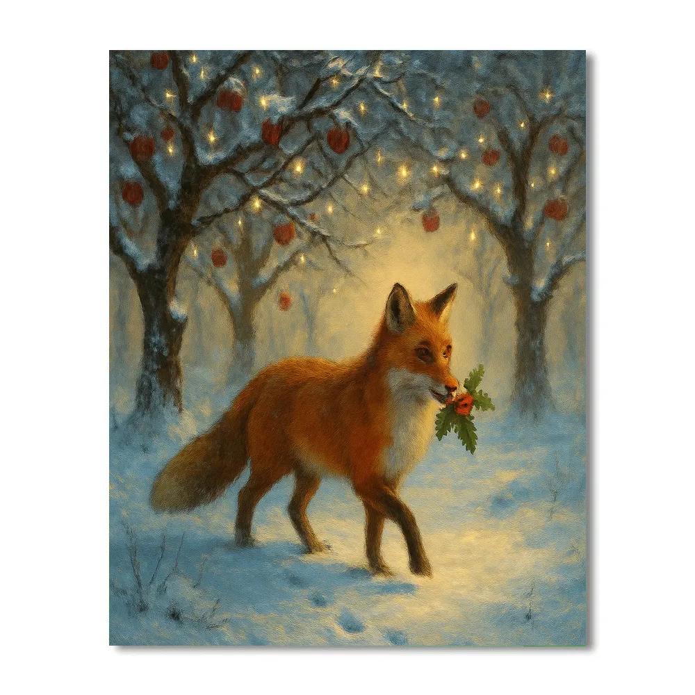 Holly Berry Fox In Snowy Orchard Paint by numbers art