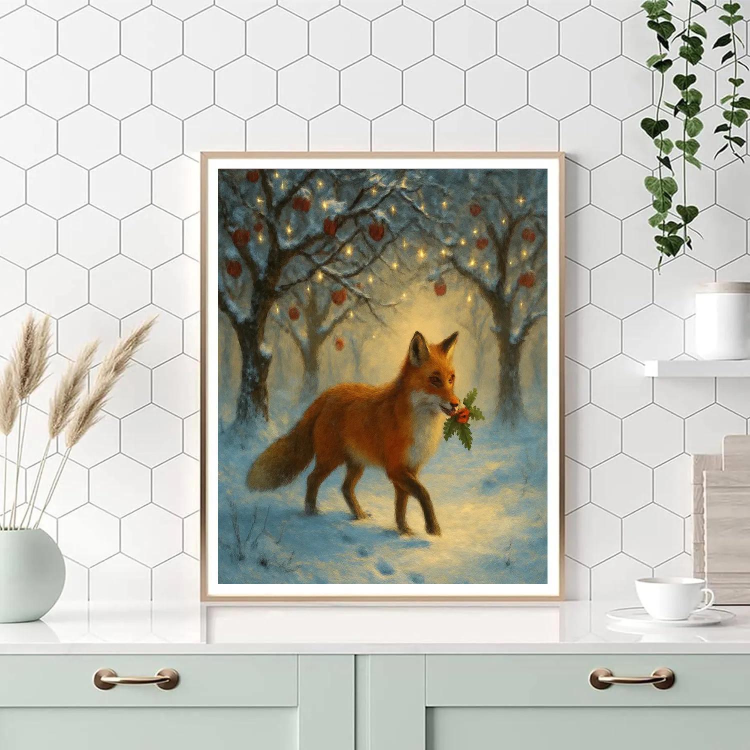 Holly Berry Fox In Snowy Orchard Paint by numbers art