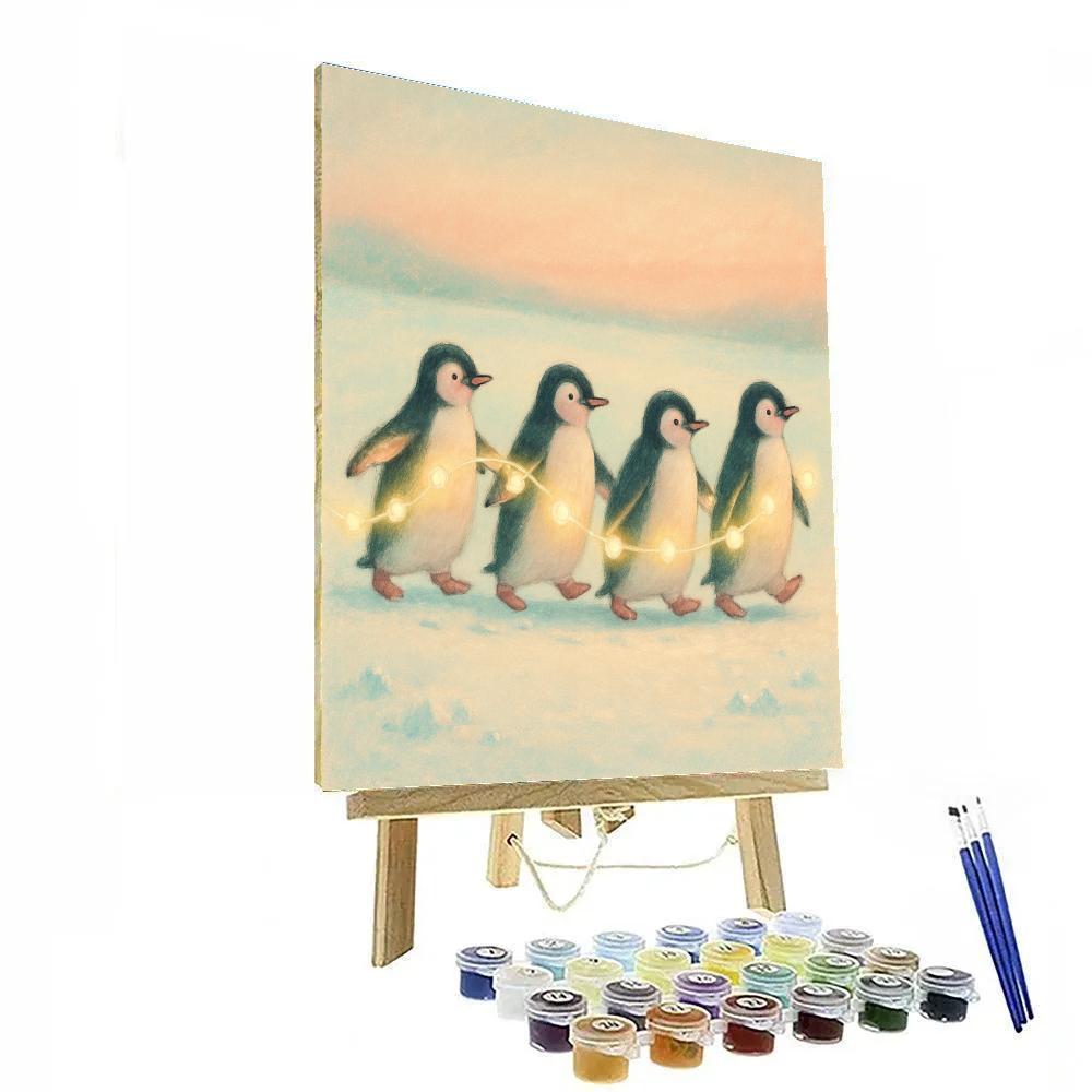 Penguin Parade With Ribbon Lights painting number kit