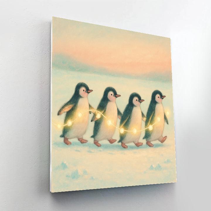 Penguin Parade With Ribbon Lights painting number kit