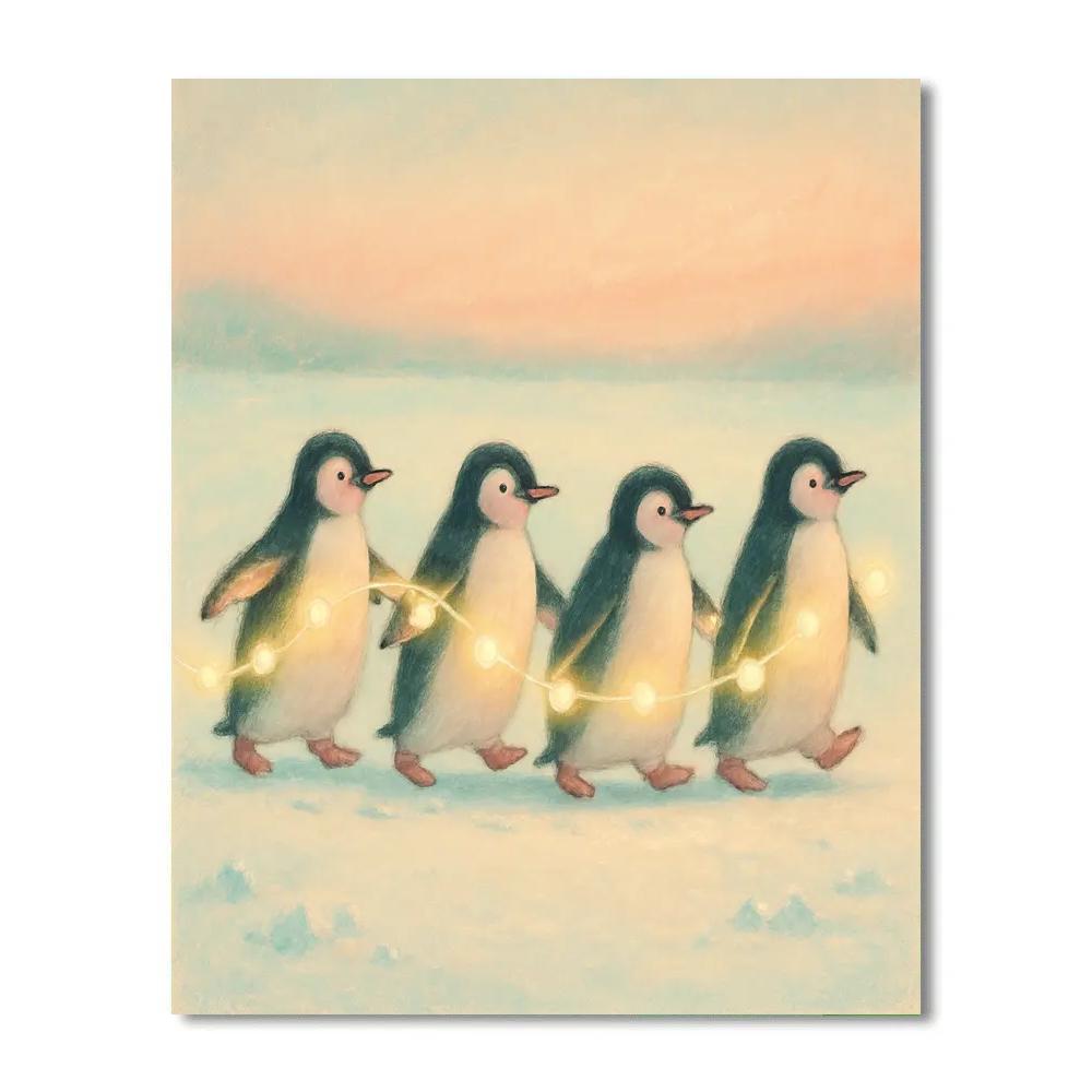 Penguin Parade With Ribbon Lights painting number kit
