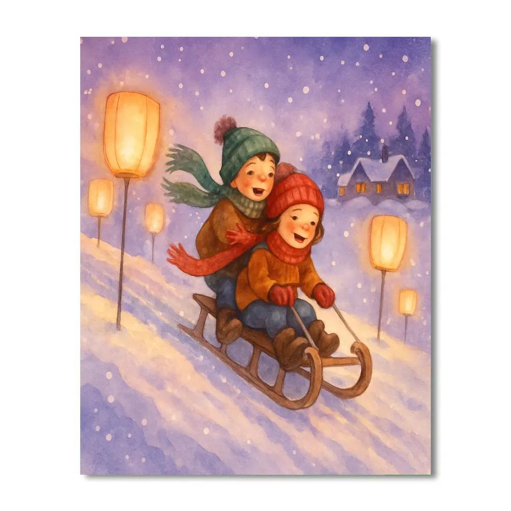 Twilight Sled Ride Past Paper Lanterns Numbered painting kits