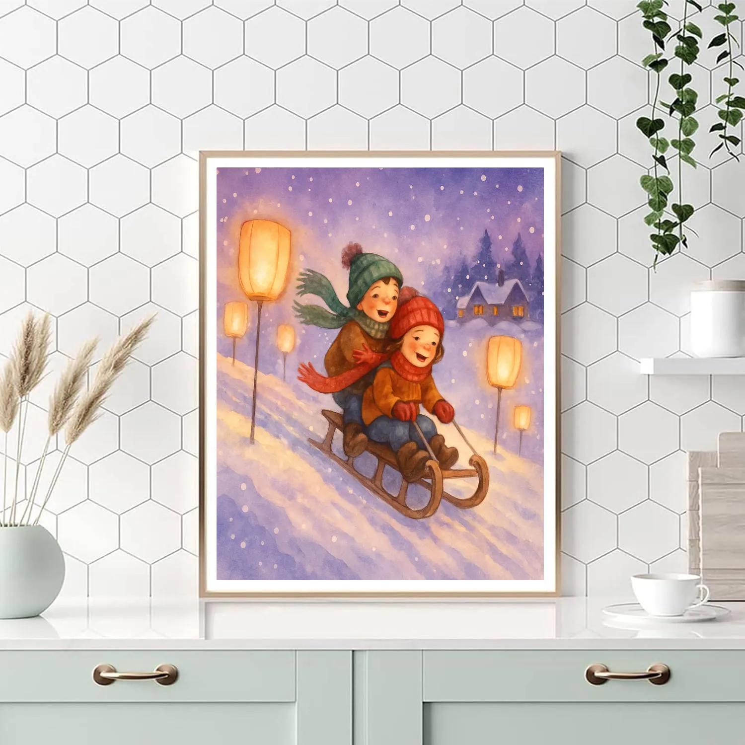 Twilight Sled Ride Past Paper Lanterns Numbered painting kits