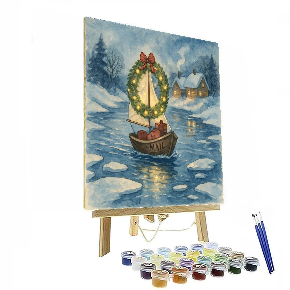 Winter River Mailboat With Wreath Sails Painting by numbers kit