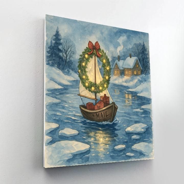 Winter River Mailboat With Wreath Sails Painting by numbers kit