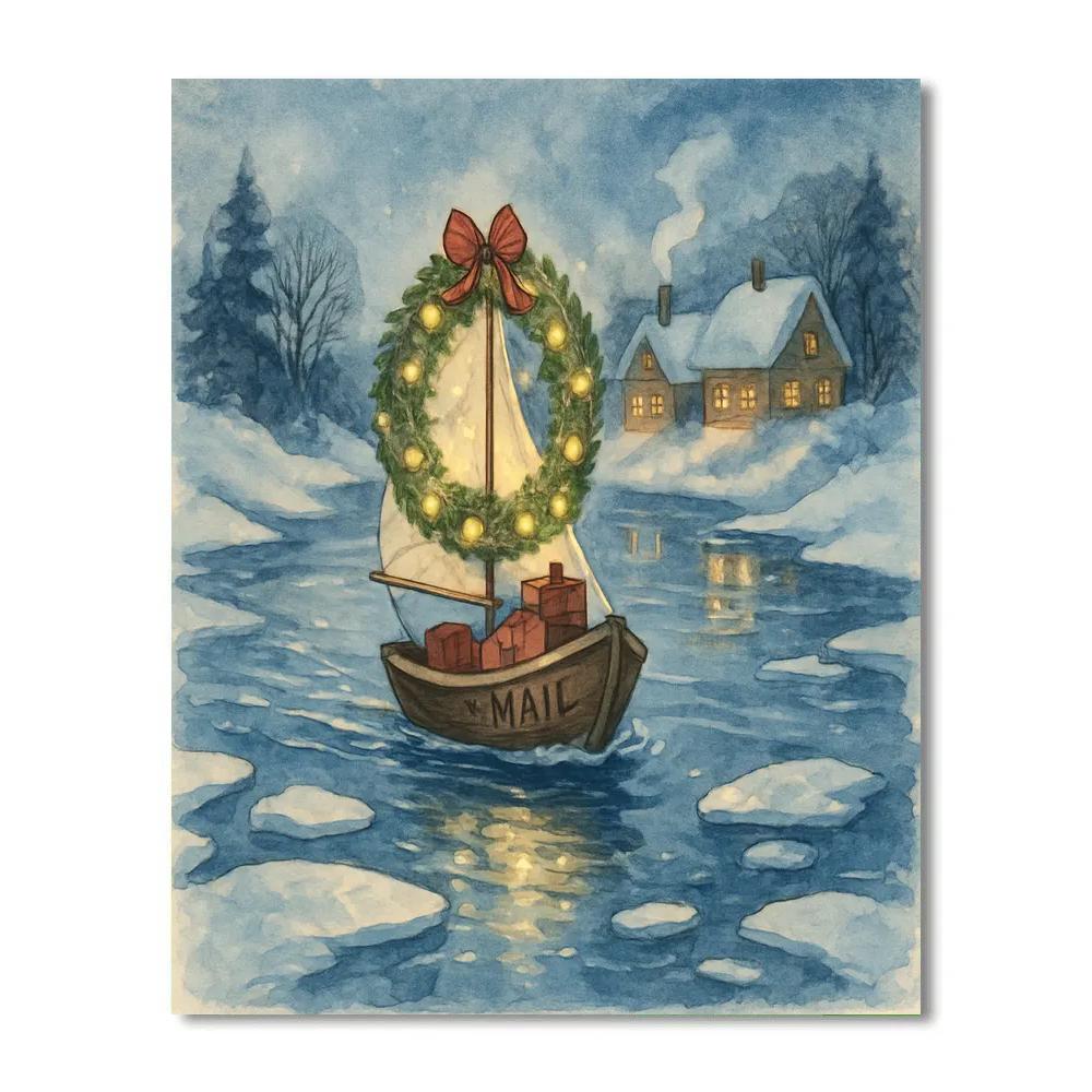 Winter River Mailboat With Wreath Sails Painting by numbers kit
