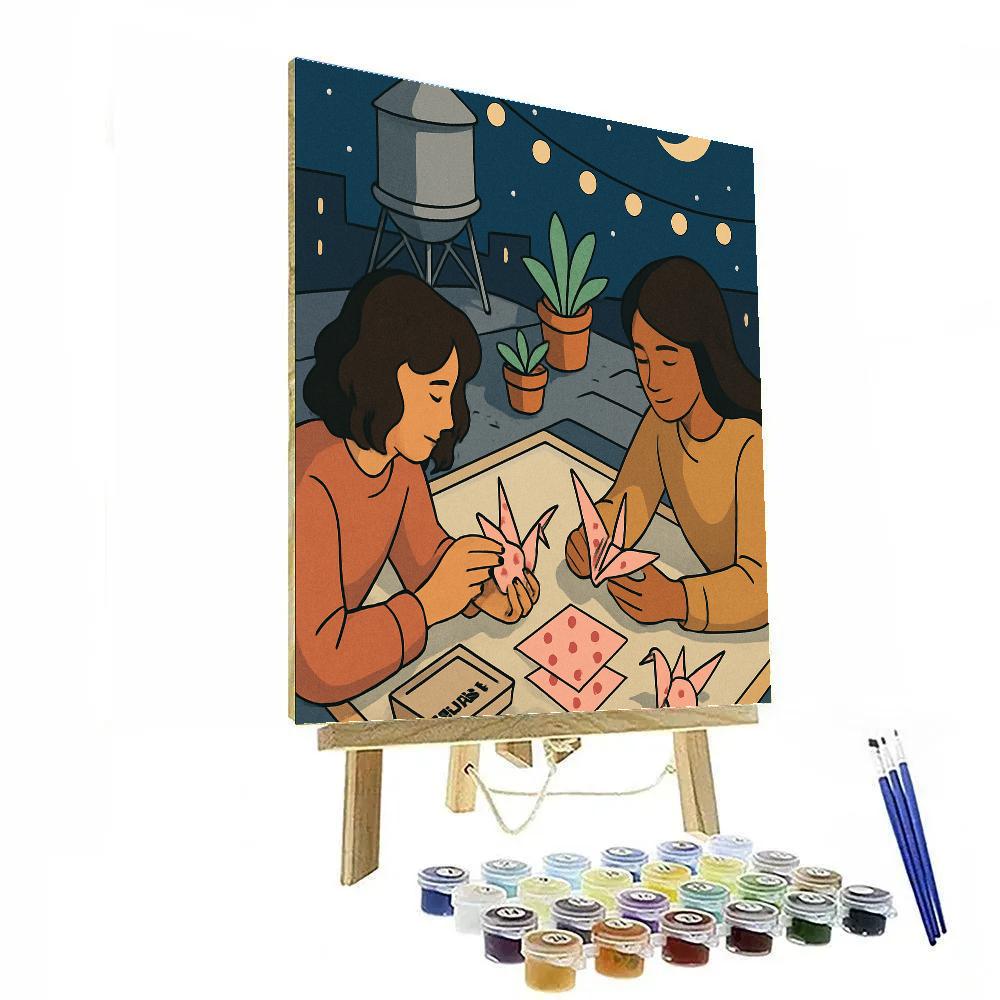 Valentines Day Moonlit Rooftop Origami Paint by numbers art