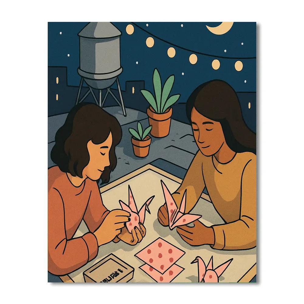 Valentines Day Moonlit Rooftop Origami Paint by numbers art