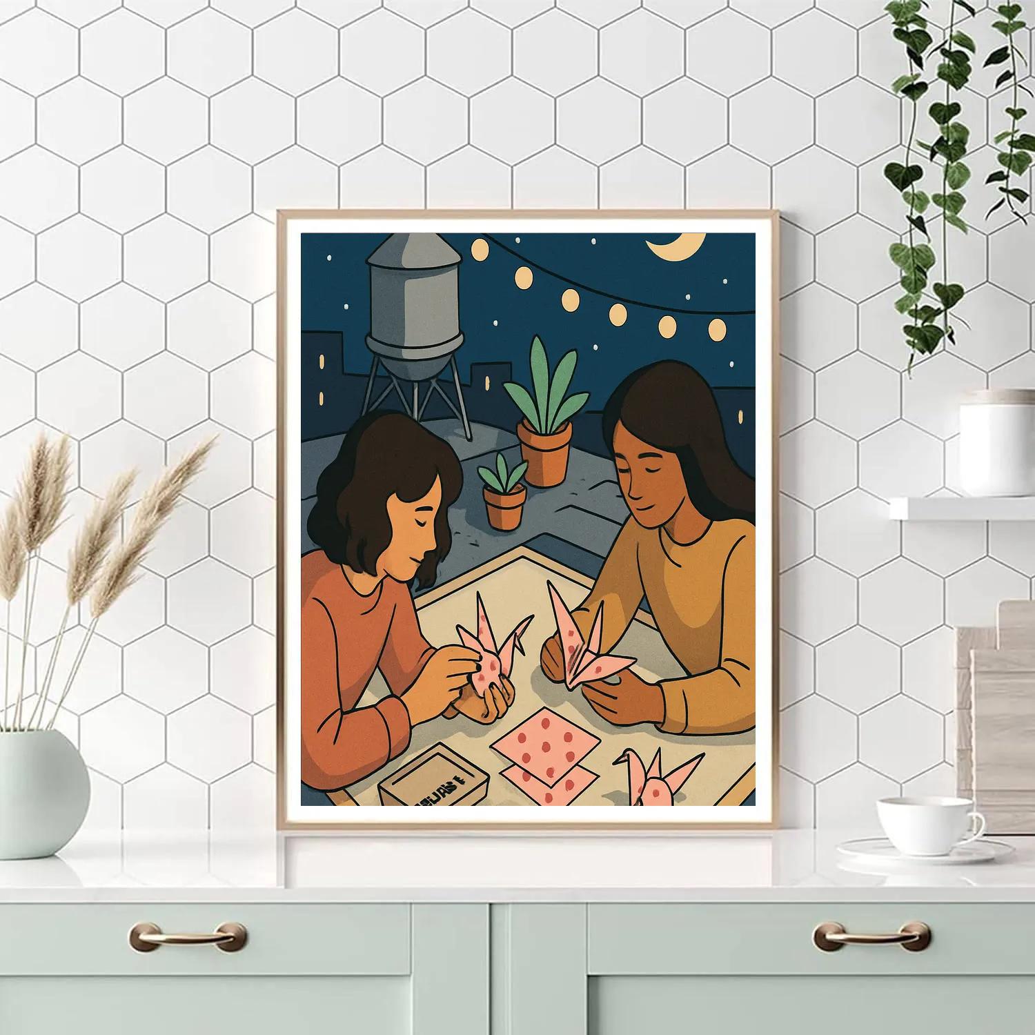 Valentines Day Moonlit Rooftop Origami Paint by numbers art