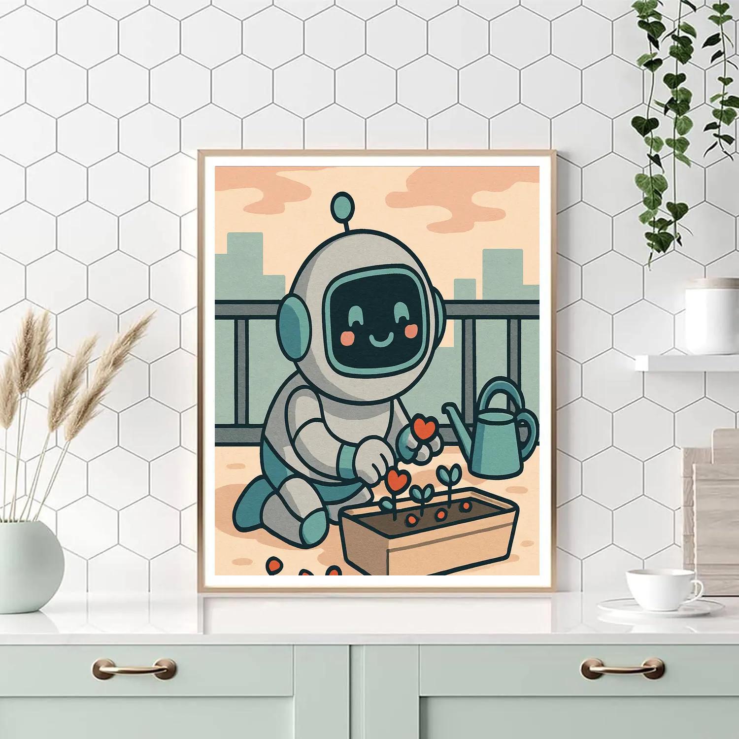 Valentines Day Robot Planting Heart Seeds Number painting