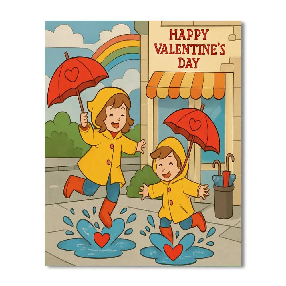 Valentines Day Raincoat Puddle Hearts paint by color