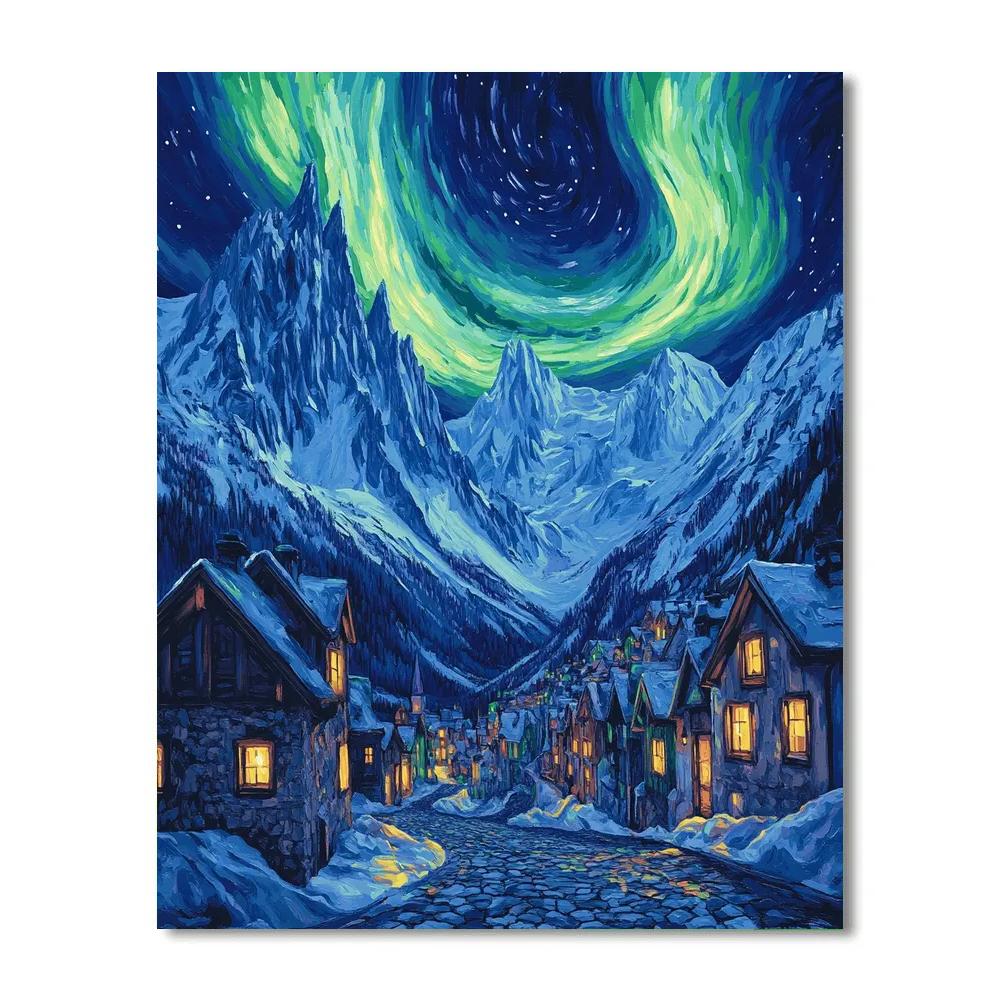 Van Gogh Inspired Aurora Mountain Village Number painting