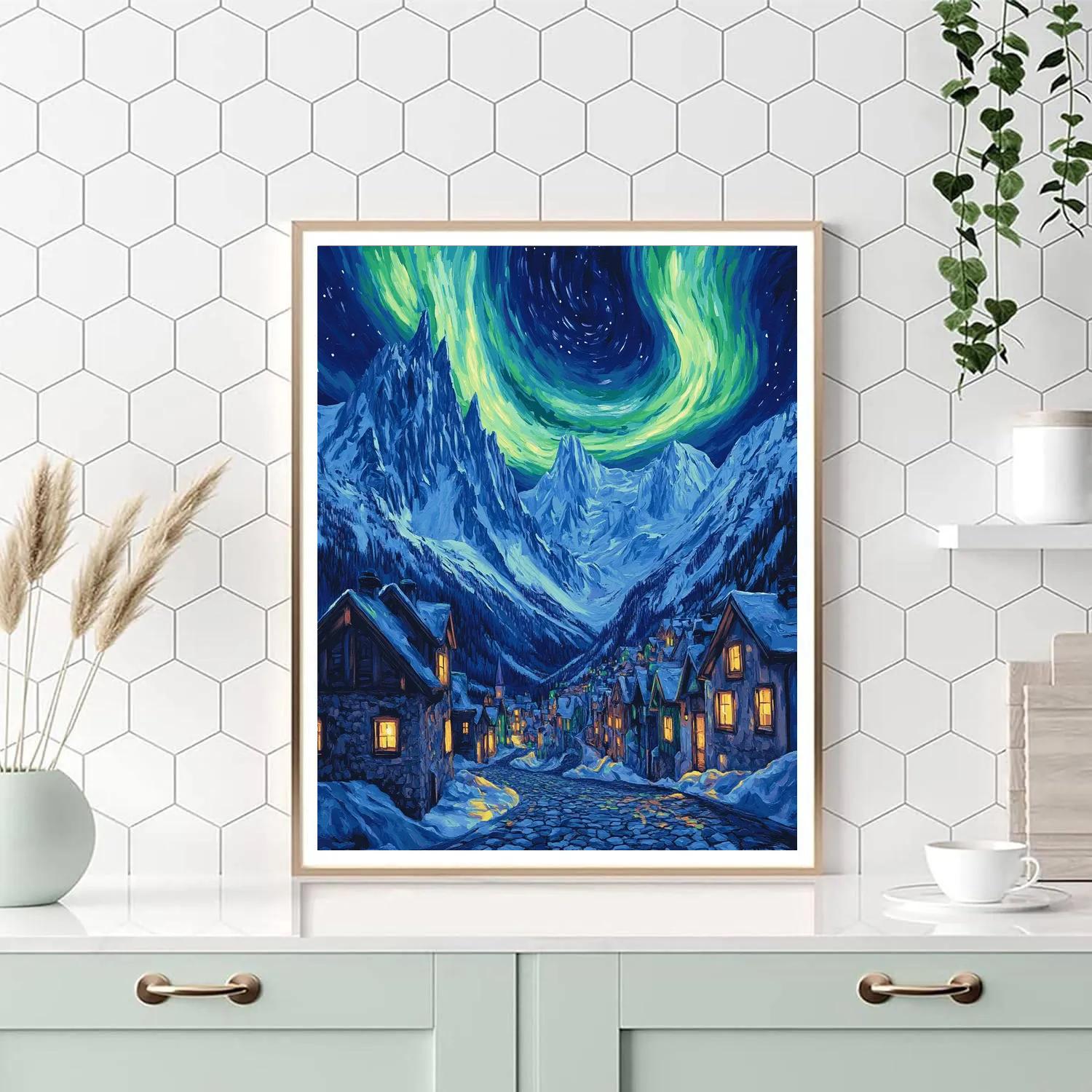 Van Gogh Inspired Aurora Mountain Village Number painting