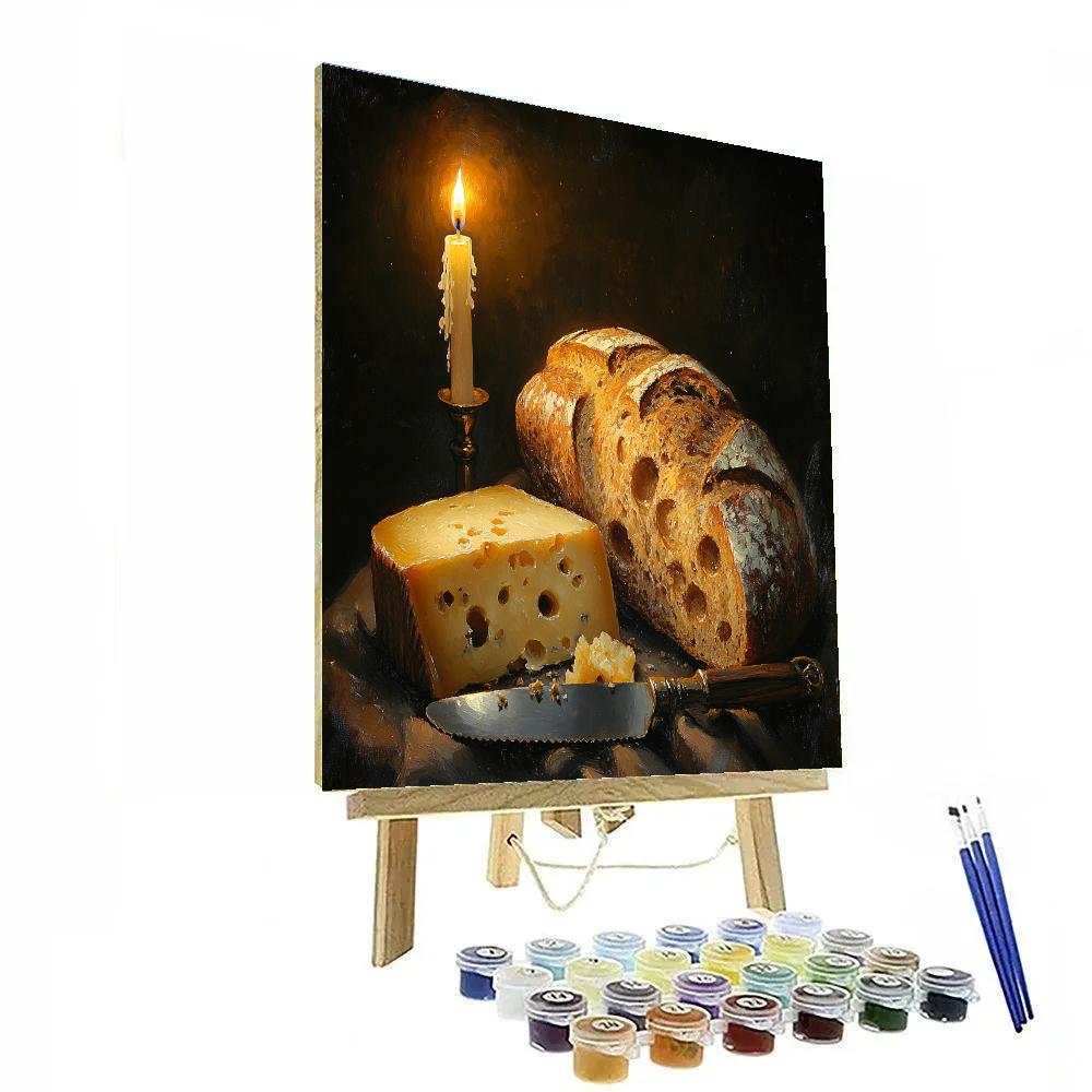 Rembrandt Inspired Candlelit Still Life Of Bread And Cheese painting number kit