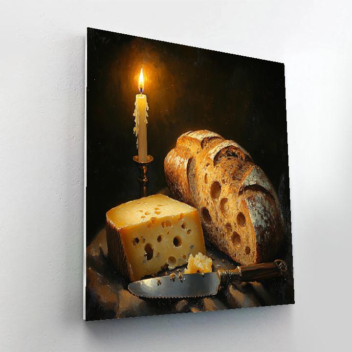Rembrandt Inspired Candlelit Still Life Of Bread And Cheese painting number kit