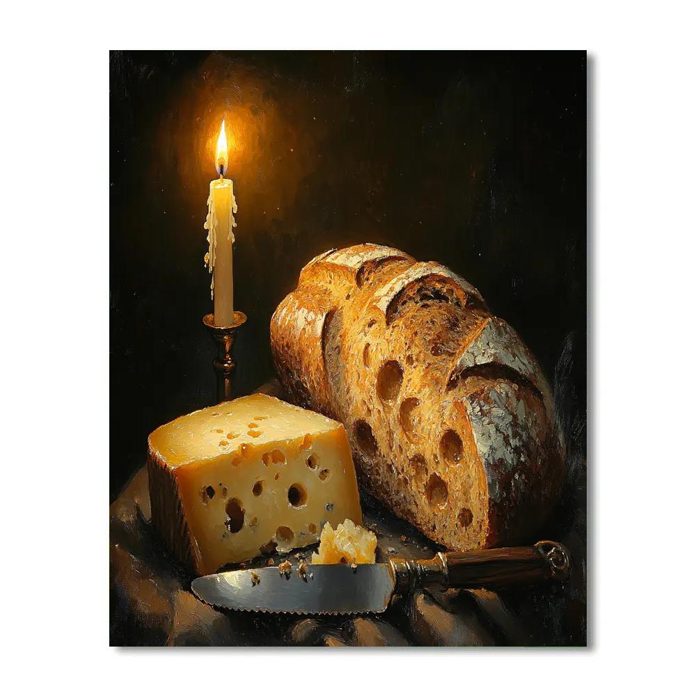 Rembrandt Inspired Candlelit Still Life Of Bread And Cheese painting number kit