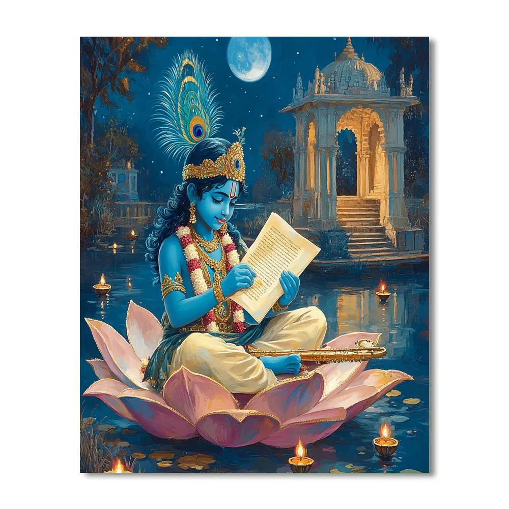 Krishna And The Moonlit Lotus Library painting number kit
