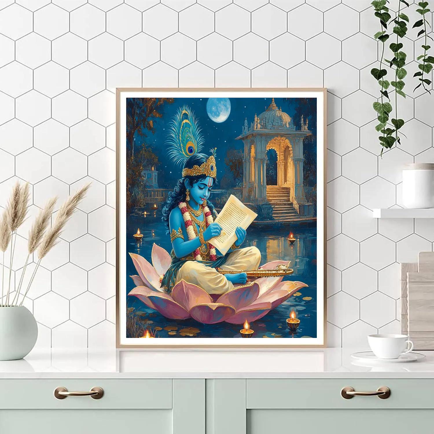 Krishna And The Moonlit Lotus Library painting number kit