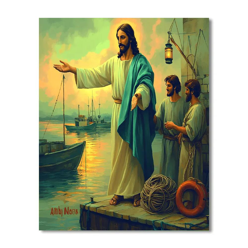 Harbor Lanterns, Fishermen, And Jesus Calling Numbered painting kits