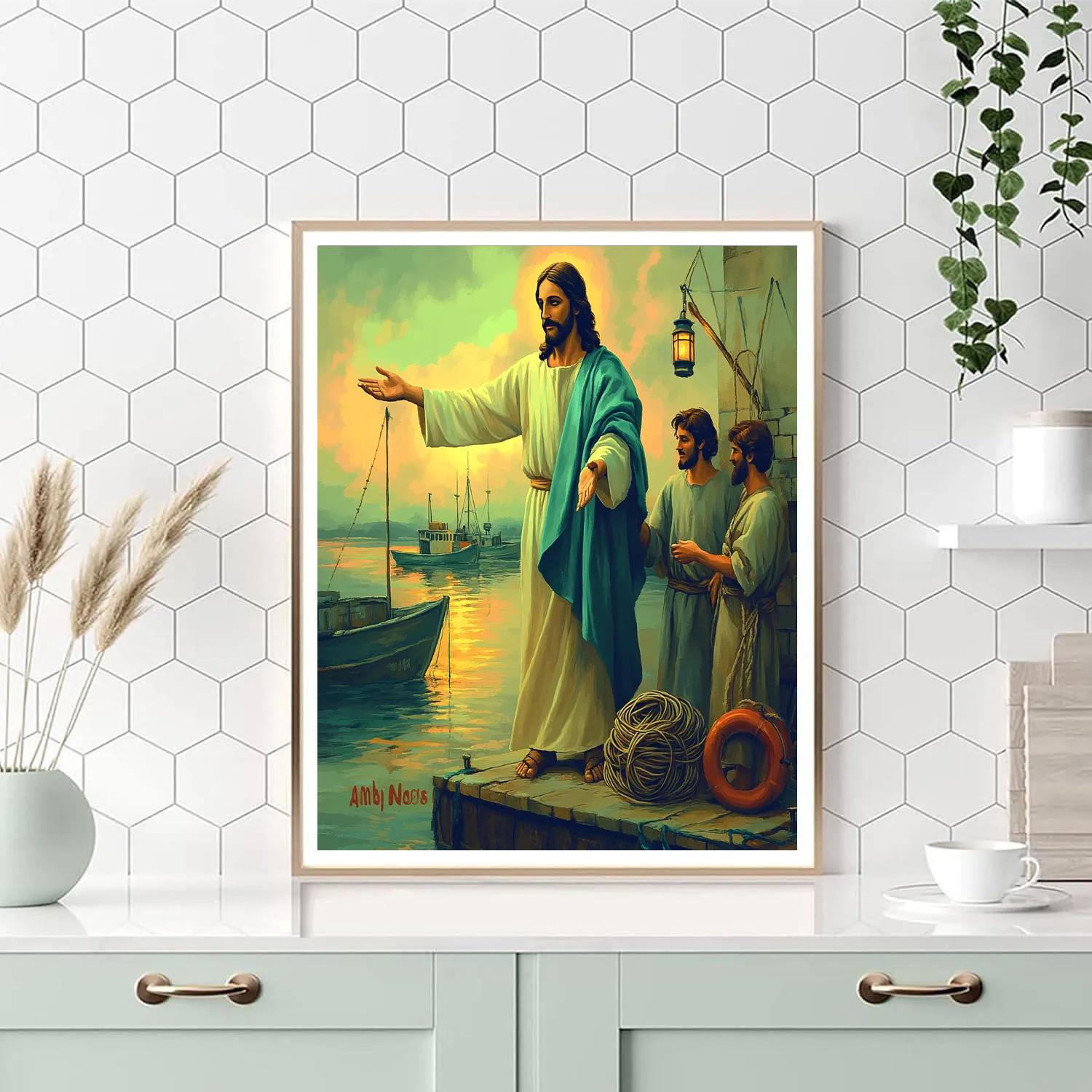 Harbor Lanterns, Fishermen, And Jesus Calling Numbered painting kits