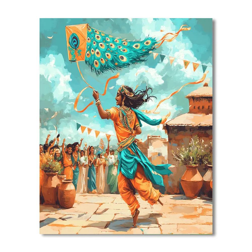 Krishna And The Peacock Feather Kite Festival painting number kit